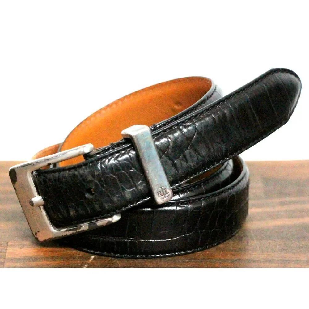 Lauren Ralph Lauren BLACK CROCO REAL LEATHER 1"Wd SKINNY WOMEN'S BELT Sz S (60M)